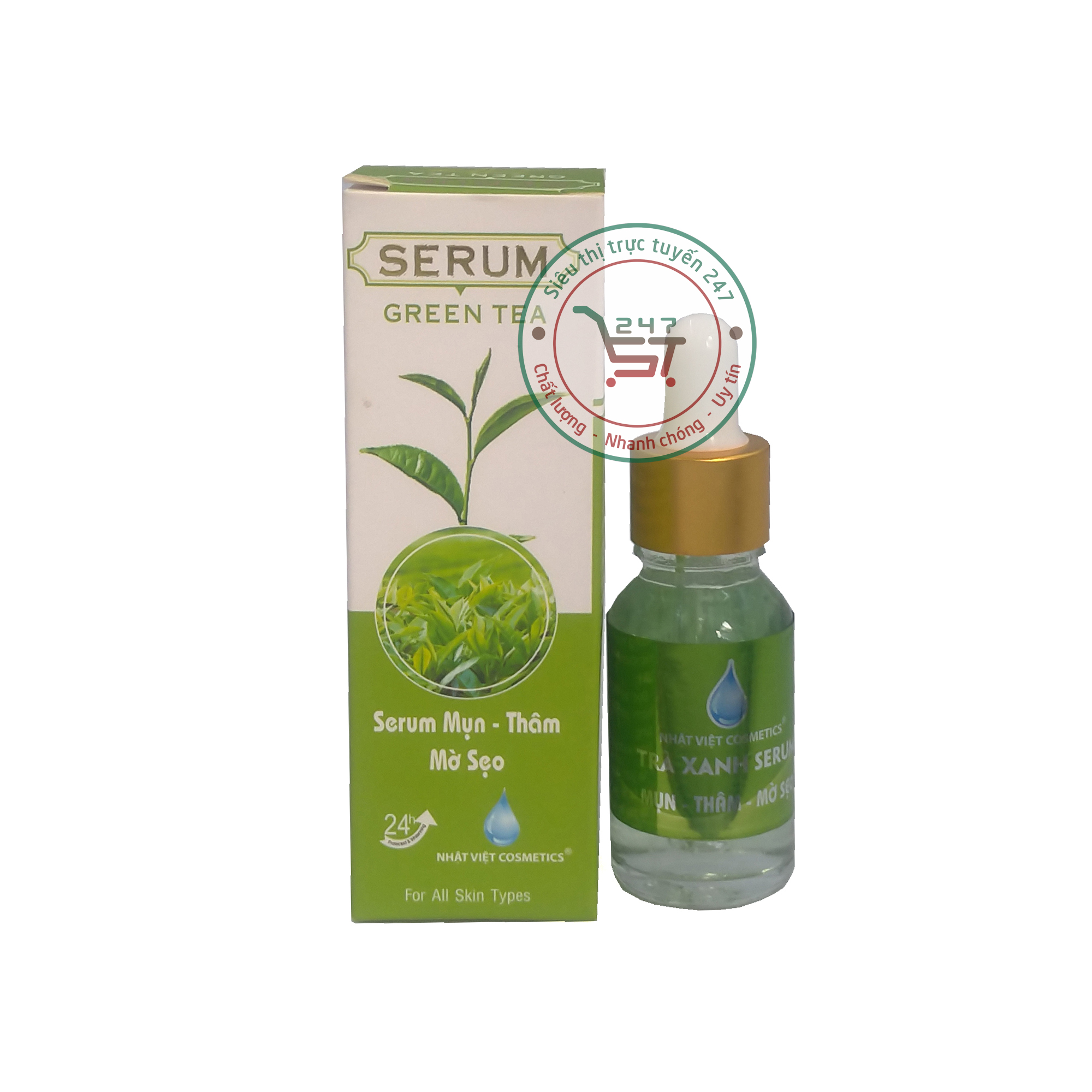 Serum Mụn Mờ sẹo Thâm dưỡng Trắng da Trà xanh Nhật Việt 15ml (Xanh lá-Trắng)