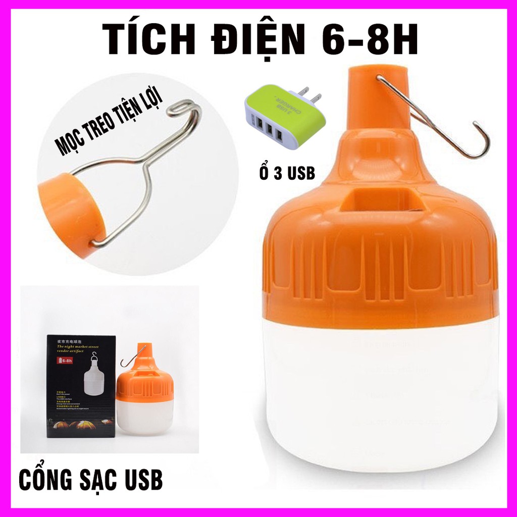 [ LOẠI SIÊU SÁNG 100W ] Bóng Đèn led tích điện 100w sạc dây USB có móc treo tiện dụng cho dã ngoại picnic mất điện hoặc bán hàng rong ngoài trời- Bóng đèn LED sạc tích điện 6-8h đầu cắm USB không cần lắp đặt