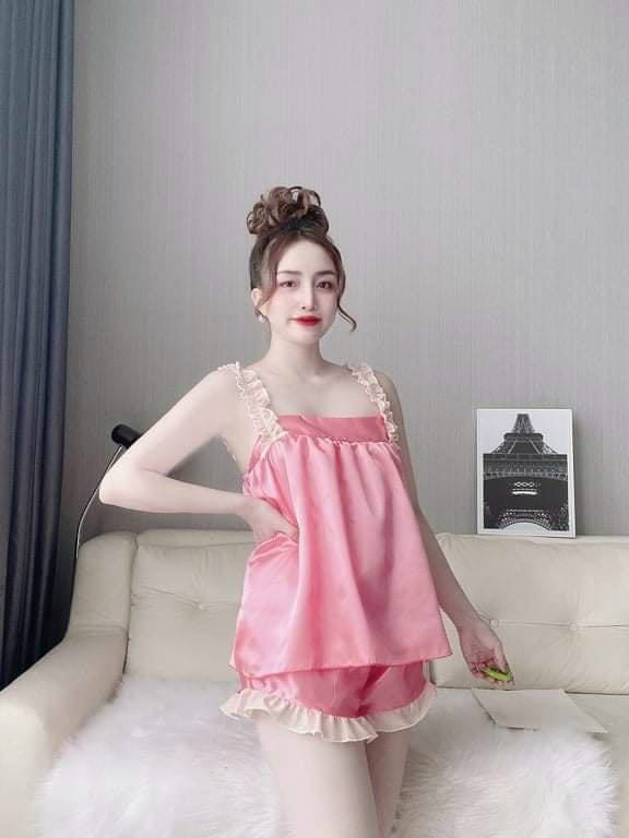 Set đồ bộ nữ mặc ngủ phi lụa satin hai dây ren kèm quần đùi TU -đồ ngủ cao cấp