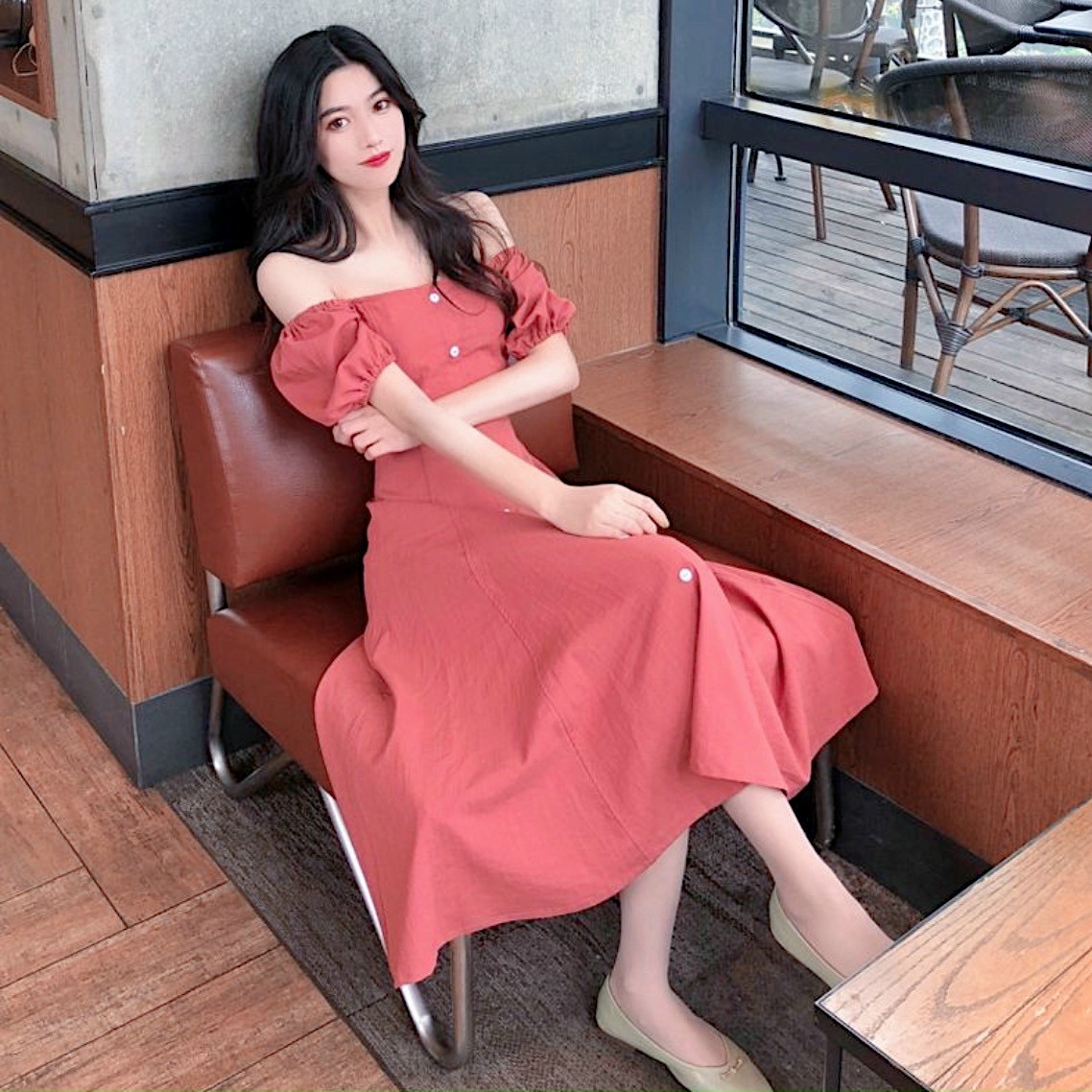Đầm hồng ruốc tay bo form dài