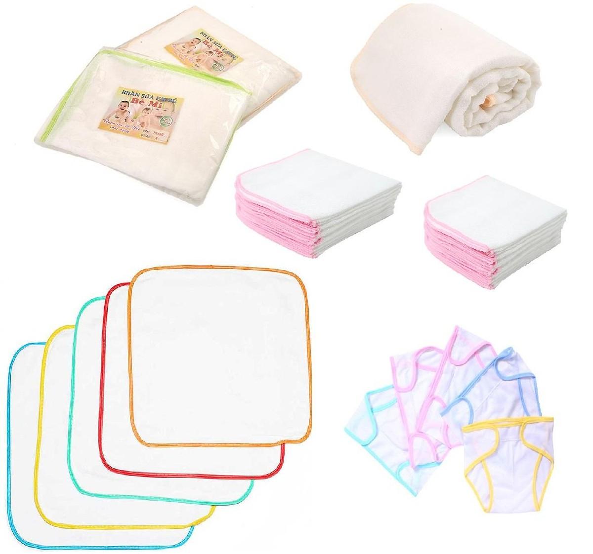 Combo 52 Món Sơ Sinh Chuẩn Bị Cho Mẹ Sinh Em Bé 5 Áo 5 Nón 5 Cặp Bao Tay 5 Cặp Bao Chân 2 Khăn Tắm 20 Khăn Sữa 5 Tã Dán 5 Tã Lót