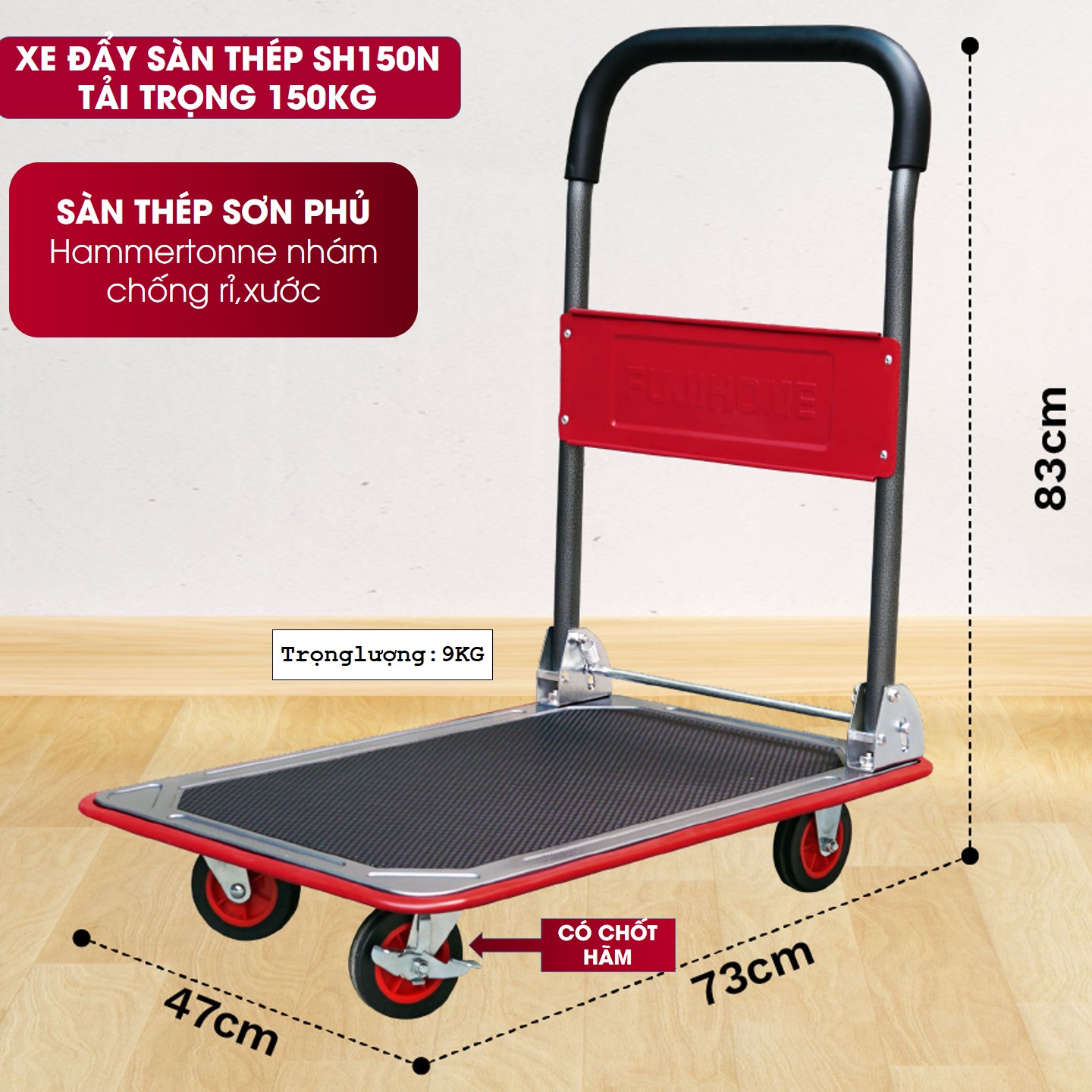 Xe đẩy hàng 4 bánh gấp gọn chở 100kg-170kg nhâp khẩu FUJIHOME, Xe kéo xếp gọn đa năng Bánh xe chống ồn - Chính hãng bảo hành 12 tháng