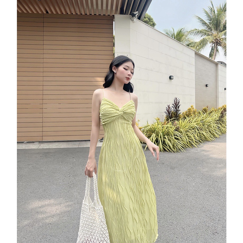 Đầm maxi vân sóng 2 dây đi biển, Váy basic 2 dây dáng suông HTD393