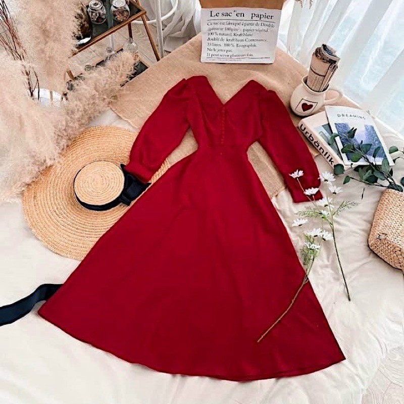 Đầm cổ vest nút bọc 2 màu