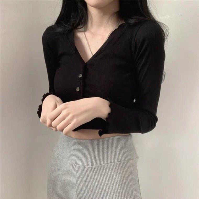 Áo Croptop Nút Viền Bèo Tay Dài