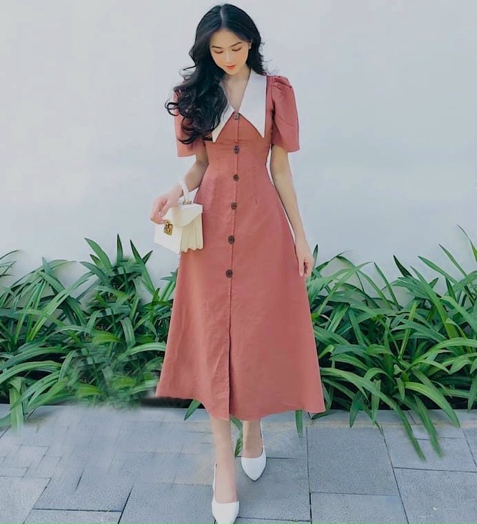 Đầm cổ trắng nút trước 4 màu