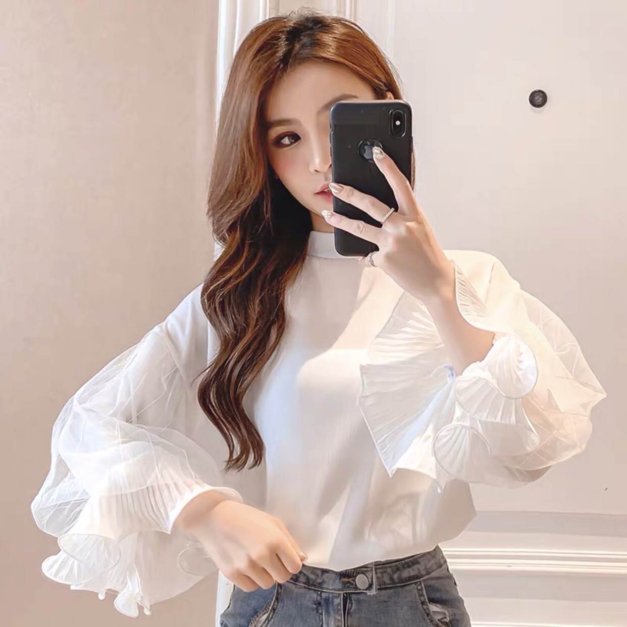 Áo voan lụa phối ren tay bồng