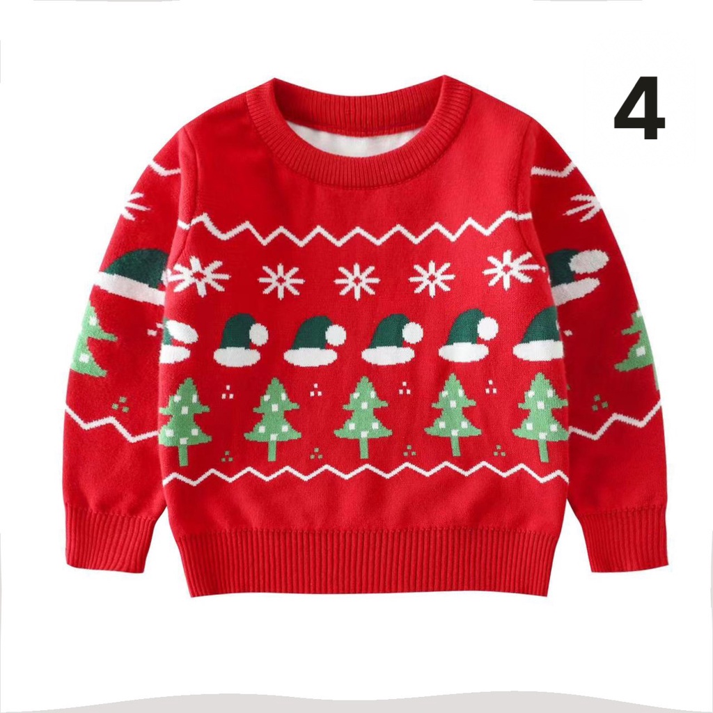 Áo len Noel bé trai và bé gái 1-9 tuổi 2 lớp , Áo len đỏ cho bé hình đáng yêu đanh sợi không bai xù