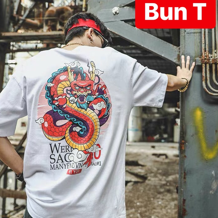 ÁO THUN NAM CON RỒNG TRẮNG PHOM FORM TAY LỠ RỘNG CHÂU Á KOREA MẠNH MẼ SÀNH ĐIỆU VẢI DÀY MIN - TRANGBUN FASHION