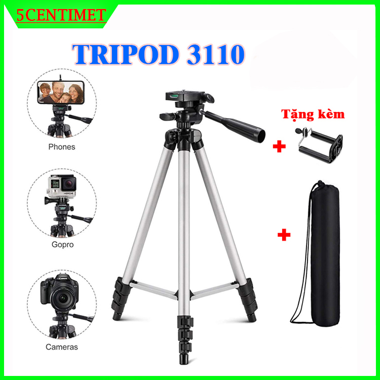 Tripod 3 chân điện thoại máy ảnh 3110, Tặng kèm kẹp điện thoại và túi vải, Giá đỡ chụp hình quay phim 3 chân, 5centimet