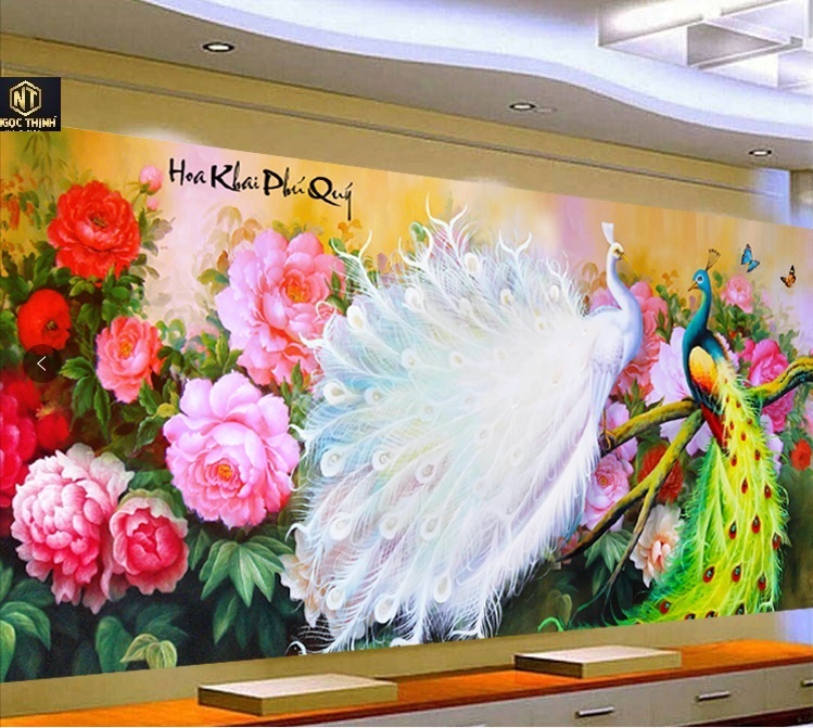 Tranh thêu chữ thập đôi công hoa khai phú quý MN0127 kích thước 120xx60cm Siêu Thị Tranh Thêu