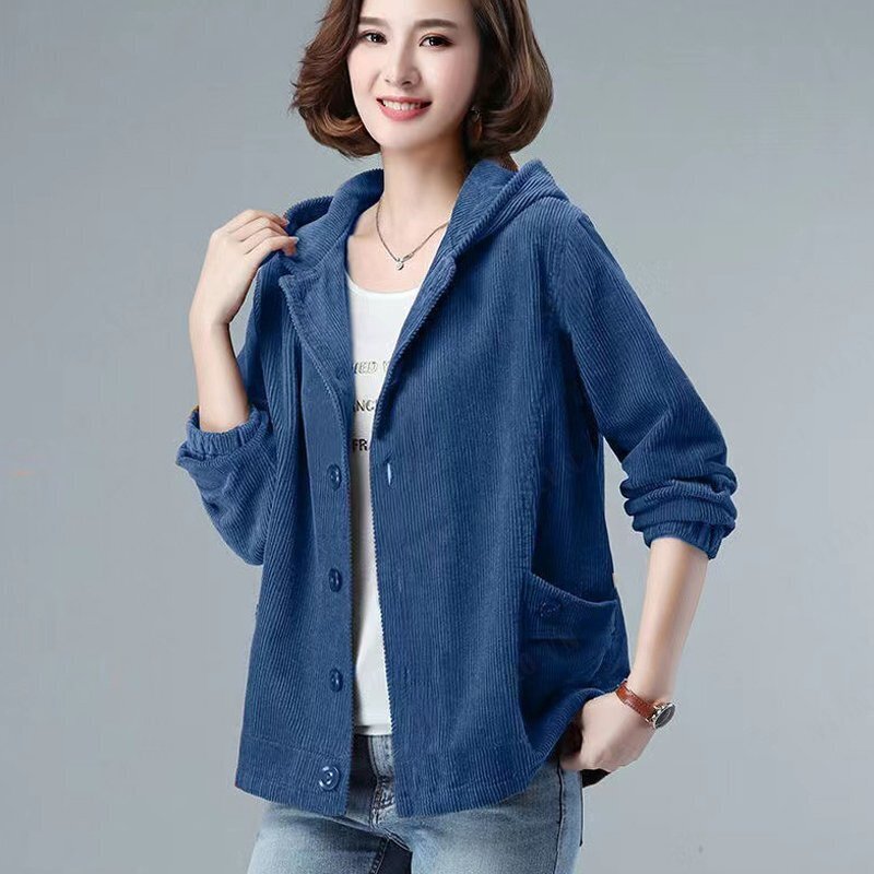 NianMiao Korean Style Plus Size Women’s Loose Hooded Corduroy Jacket