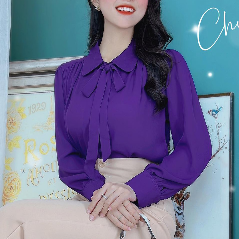 Áo sơ mi tay dài cổ nơ nút bọc Basic CHUU A5063