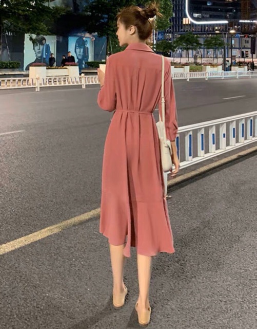 Váy Đi Tiệc Cưới Sơ Mi Túi Hộp Đuôi Cá Phong Cách Quý Cô Sang Chảnh, Đầm Nữ Dự Tiệc Tay Dài Buộc Eo Màu Xanh Mint Đỏ Đen Hồng - DM811
