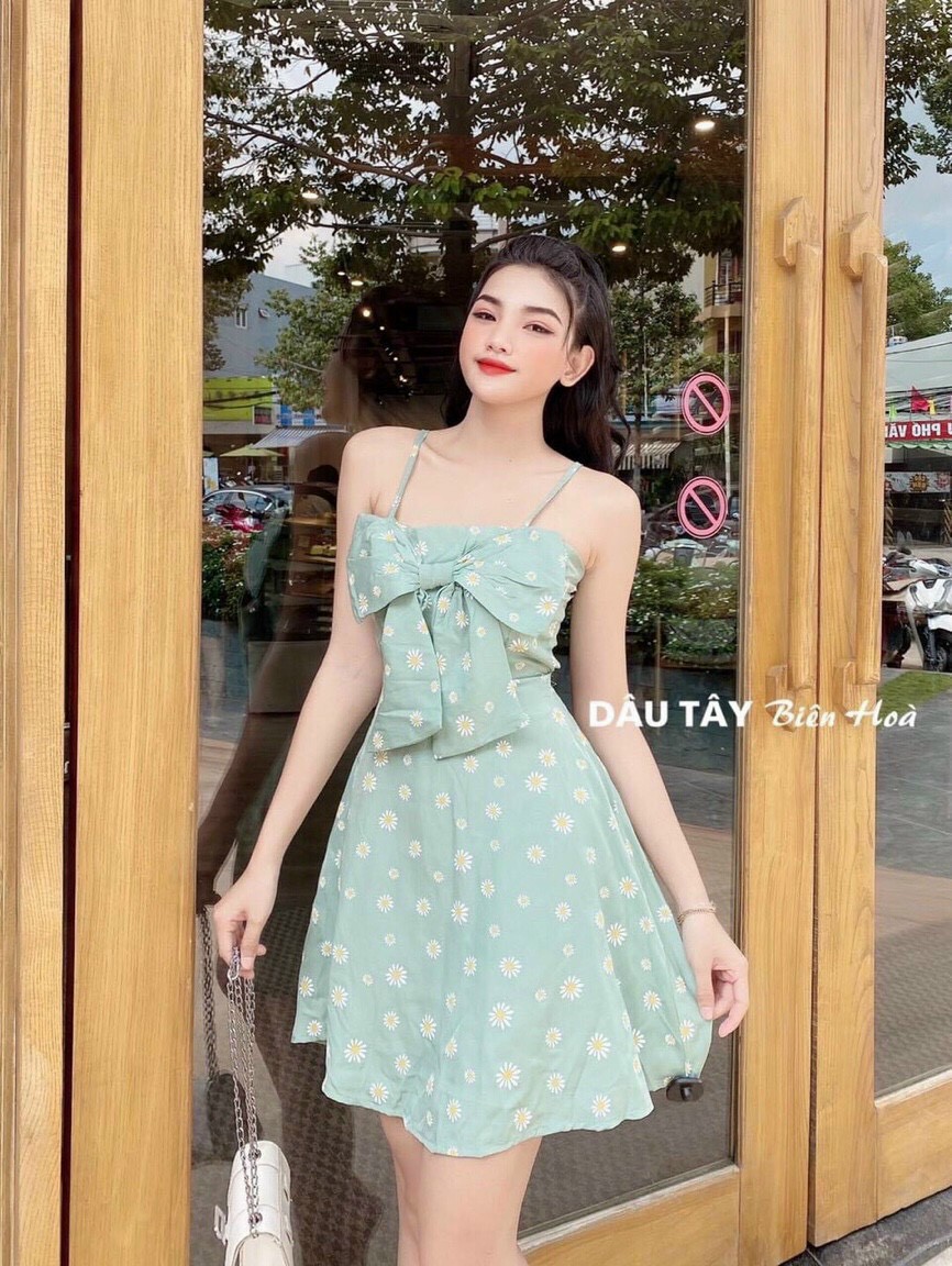 Đầm 2 dây hoa cúc nơ ngực-MTB#damnu