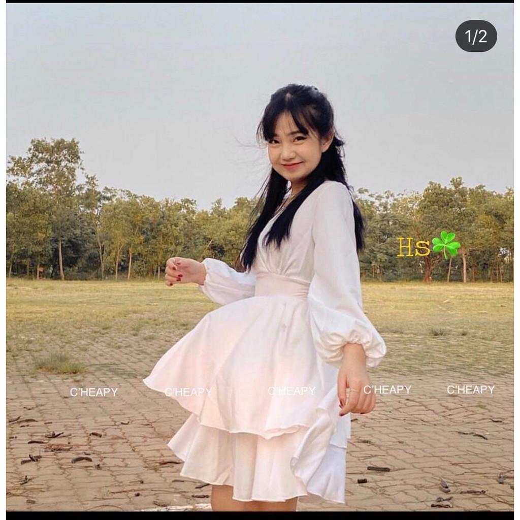 Váy 2 tầng cổ chéo dài tay HSU1120