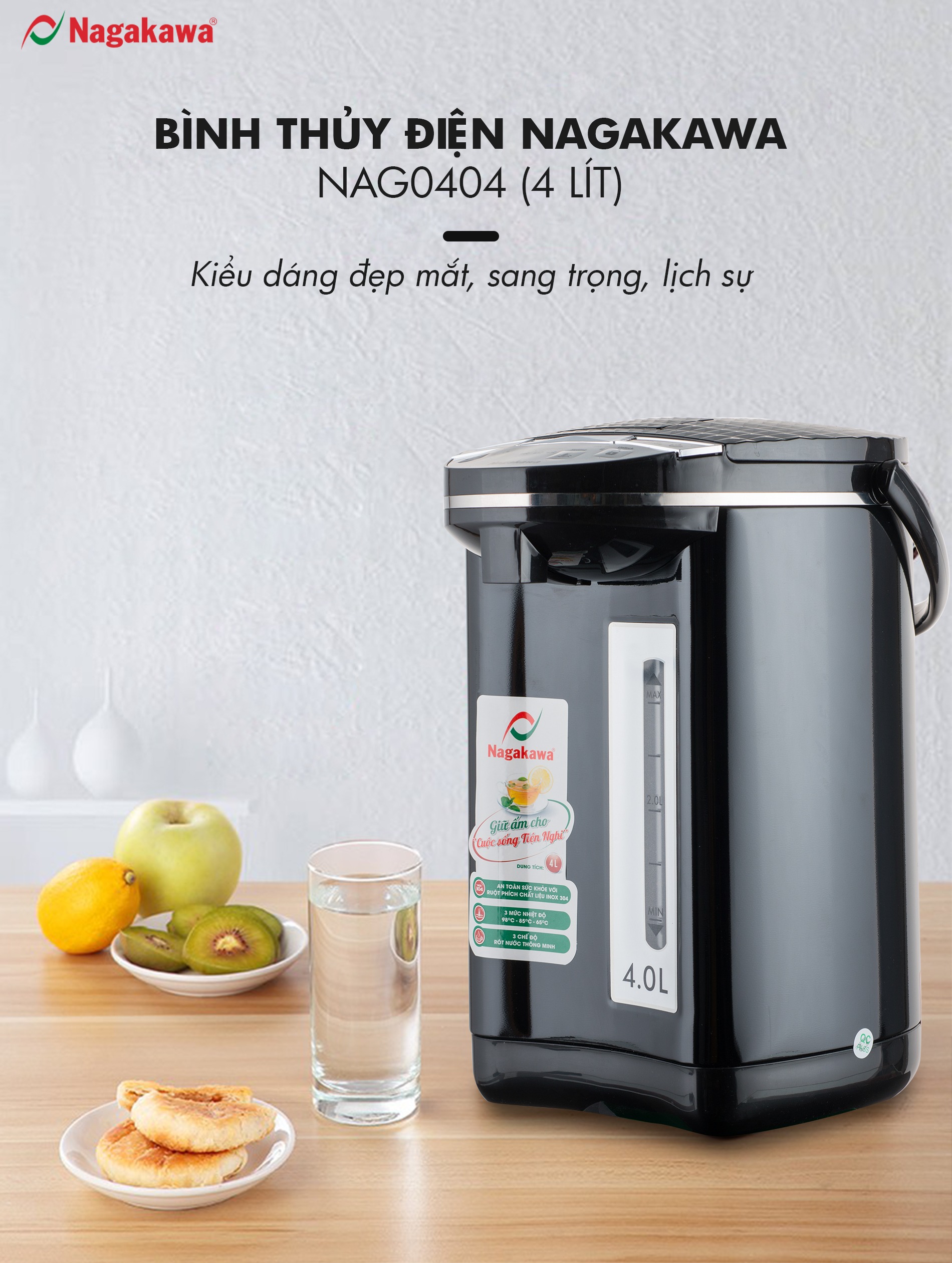 Bình thủy điện 4 lít Nagakawa NAG0404 - Bình Thủy Điện Nagakawa NAG0404 Công suất 750W, đun sôi nhanh, có thang đo mức nước