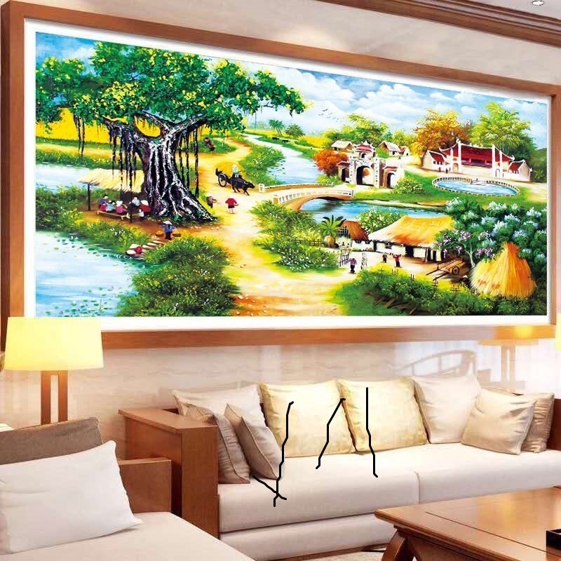 Tranh đính đá làng quê thành phẩm 2mx90cm đã đính chưa khung