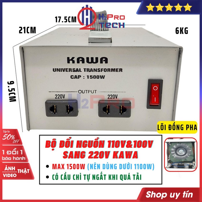 Đổi Nguồn 220V Sang 110V-100V 1500W Kawa Hoặc Đổi Ngược Nguồn 110V Sang 220V Cao Cấp-Dùng Cho Máy Dưới 1100W-H2Pro Tech