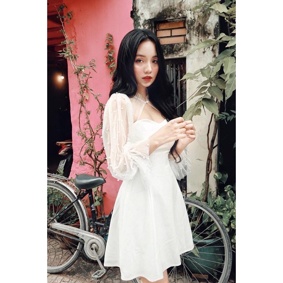 Đầm dự tiệc trắng tay phồng kết hạt siêu xinh