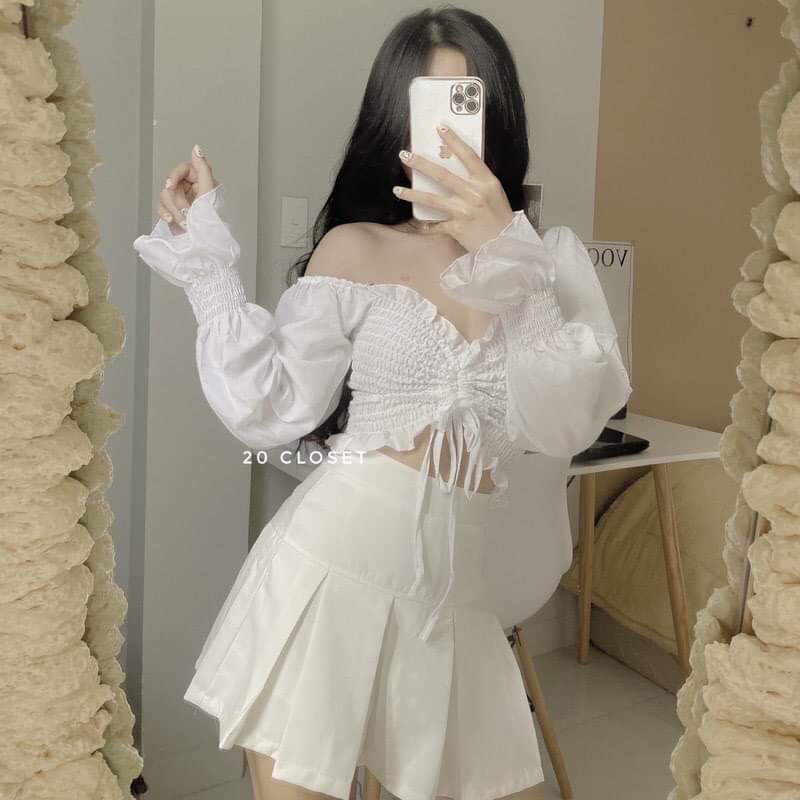 Sét chân váy xếp ly kèm áo croptop rúm ngực Set đồ 2 món màu trắng và đen hàn quốc GUU