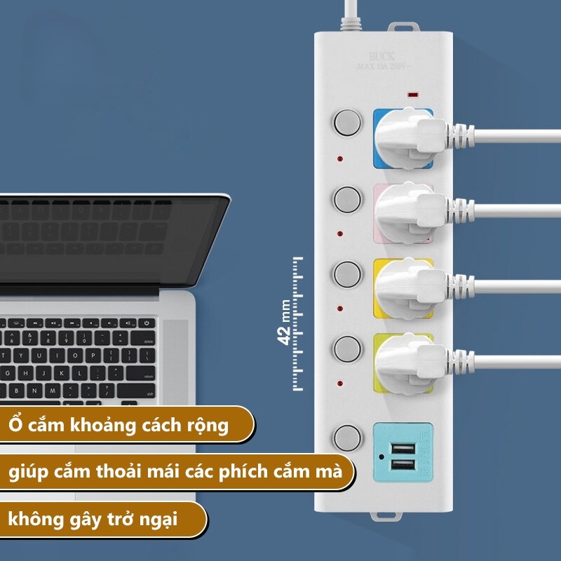Ổ Cắm Điện Đa Năng 6 Cổng Tích Hợp Sạc USB 2 Cáp USB 3 Và 5M Dây Cáp Dày Chất Lượng Cao 100% Chính Hãng 2023 New