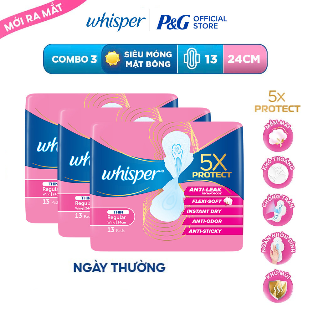 Combo Băng Vệ Sinh WHISPER 5X Bảo Vệ Mặt Bông Siêu Mỏng Cho Ngày Thường Khô Thoáng Có Cánh 24cm/ 28cm 13 Miếng/ 20 Miếng/ 16 Miếng