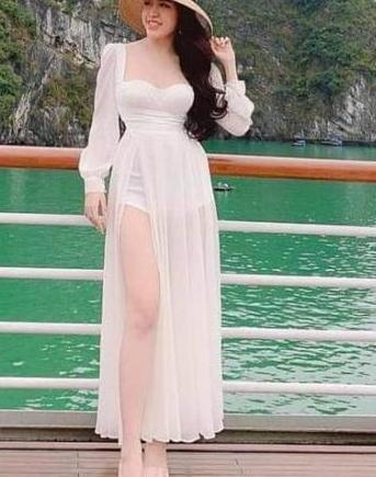 Đầm maxi tay dài cúp ngực chân váy xẻ