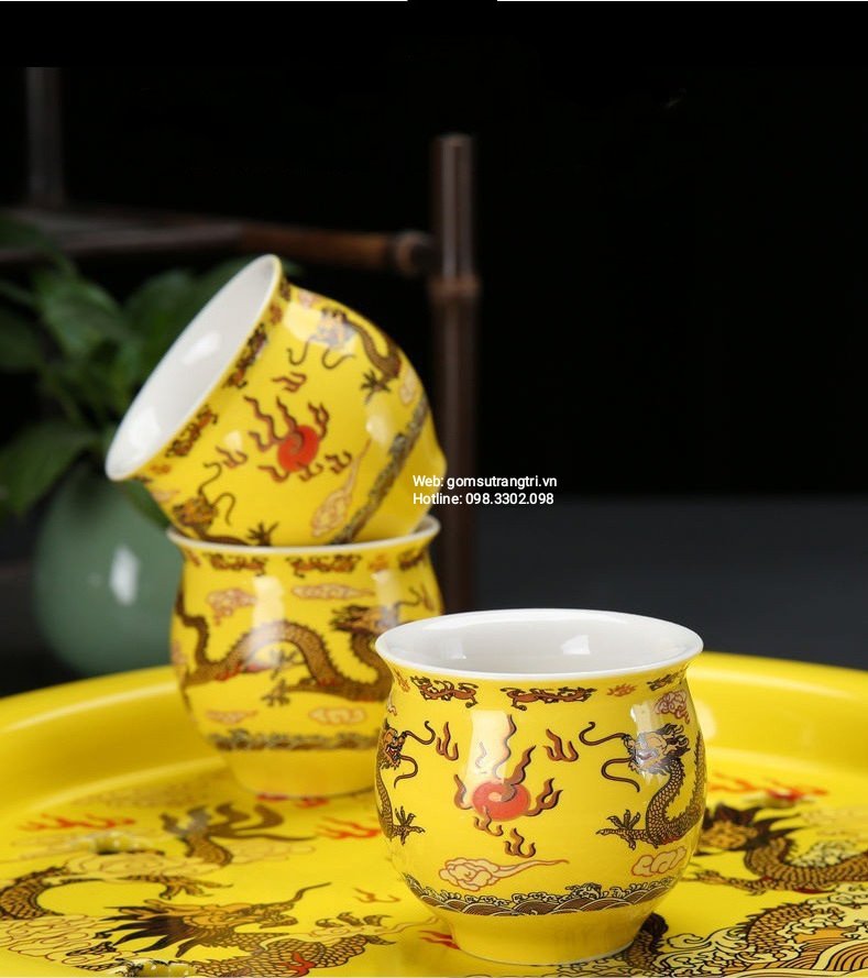 BỘ ẤM CHÉN 2 LỚP RỒNG VÀNG
