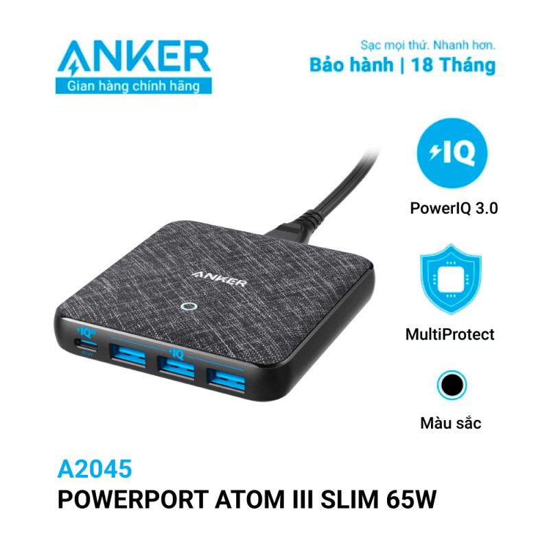 Sạc ANKER 4 cổng PowerPort Atom III Slim 65w PIQ 3.0&GaN - A2045 BH 18 tháng Anker Việt Nam