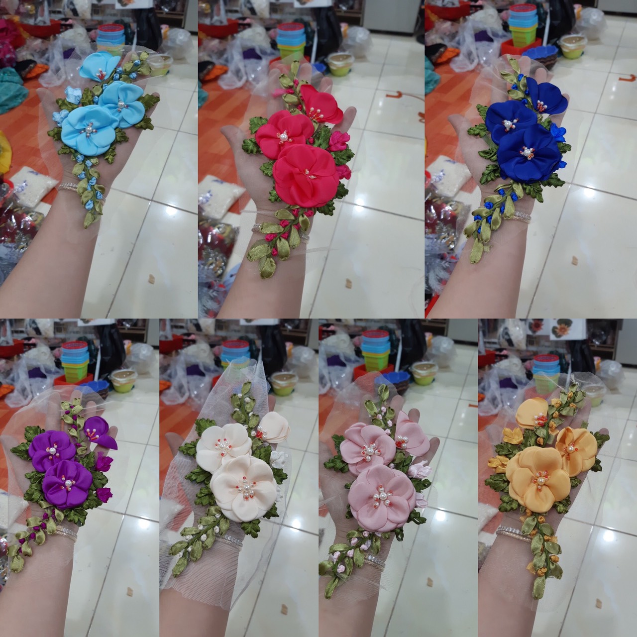 [Ảnh thật] [Có sẵn] hoa thêu ruy băng trà