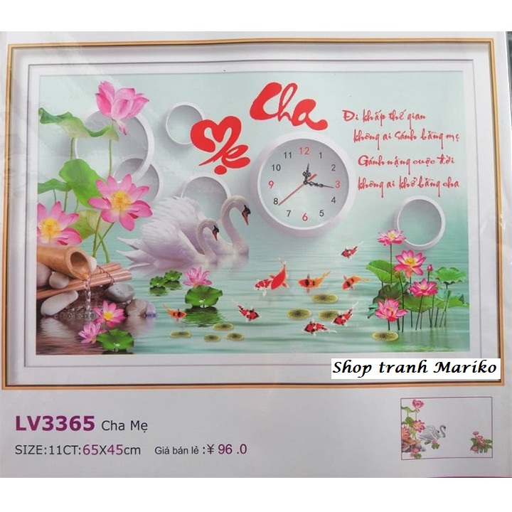 Tranh thêu Cha Mẹ đồng hồ thiên nga LV3365 kích thước 65 x 45 cm