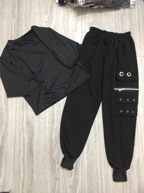 [HCM]Set Bộ Quần Kiểu Nữ Và Áo Croptop Phối Dây Cá Tính