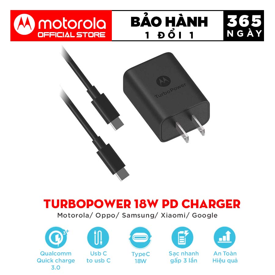 Bộ cáp sạc Motorola TurboPower 18W PD Charger - Cổng sạc TypeC - Hỗ trợ sạc  nhanh gấp 3 lần - dây sạc 1m - Bảo hành 12 tháng 
