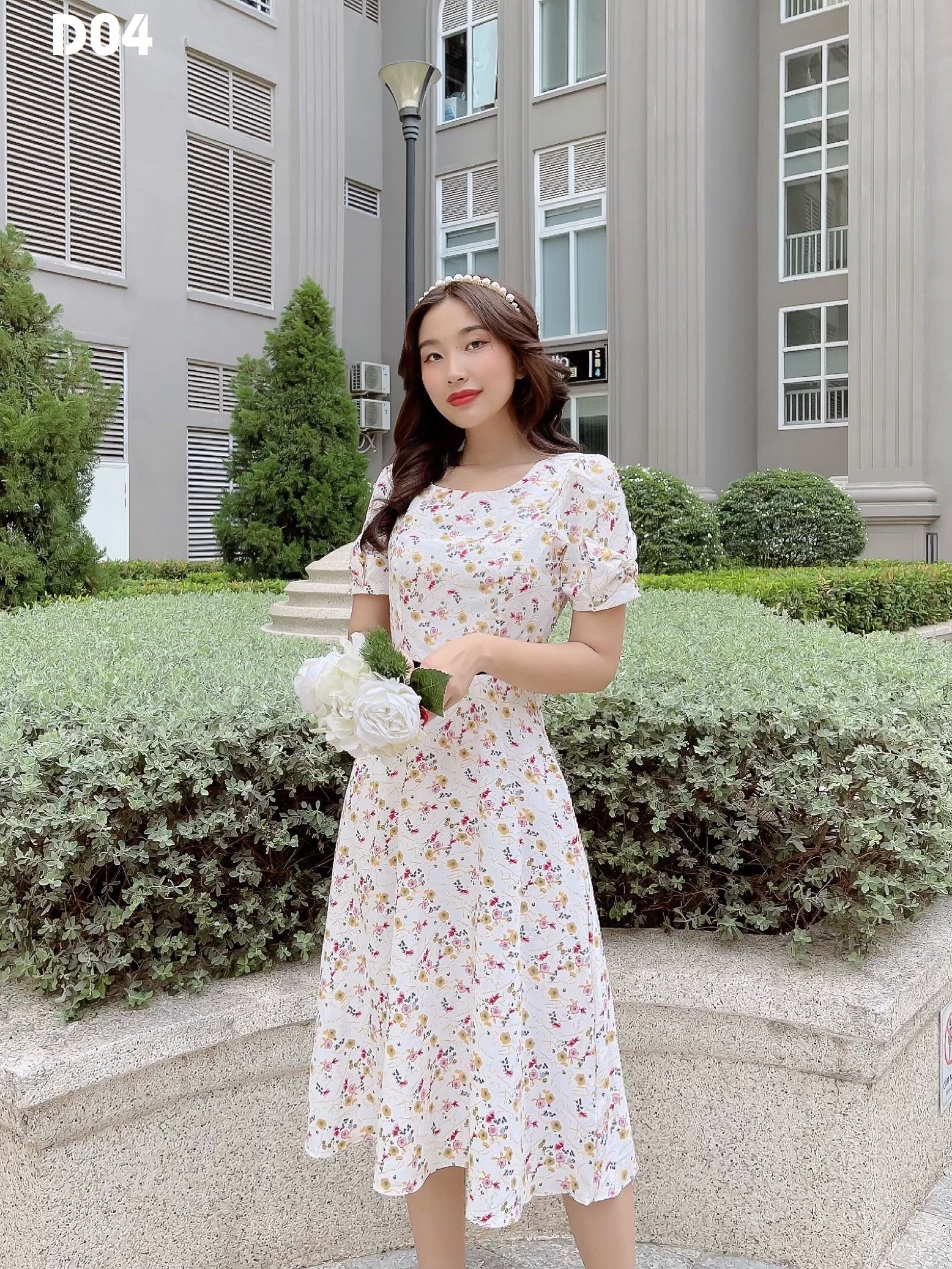 Đầm xoè trắng hoa nhí tay nơ eo phối màu chất lụa mềm D04