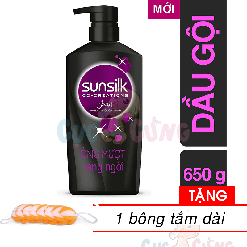 Dầu gội đầu SUNSILK ĐEN Óng Mượt Rạng Ngời dành cho tóc khô xơ với tinh chất Bồ Kết truyền thống chai 650g Tặng bông tắm màu ngẫu nhiên