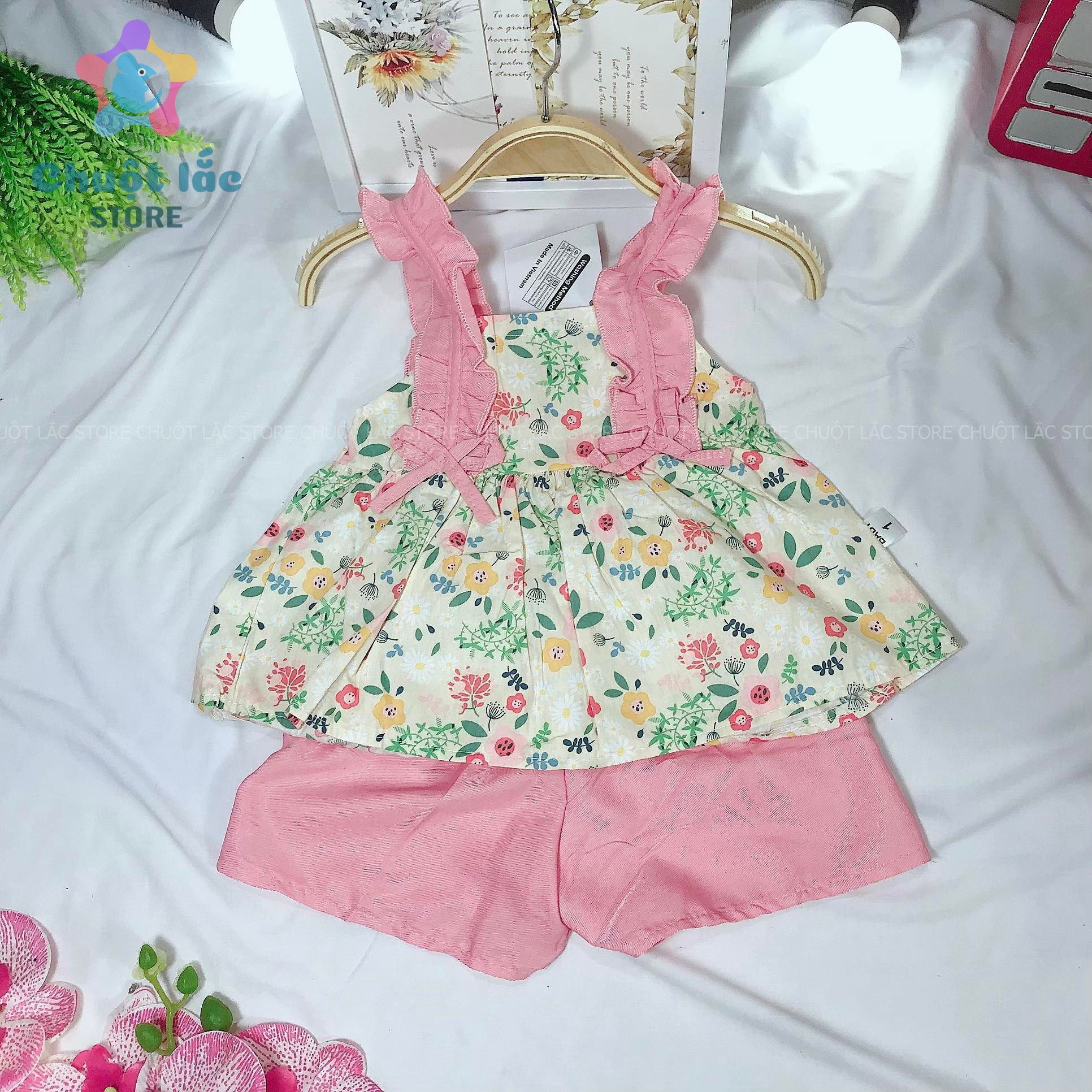 Bộ Quần Áo Bé Gái Kiểu 2 Dây Nhún Nơ Chất Đũi Mềm Mại 7kg Đến 20kg Màu Vàng, Hồng