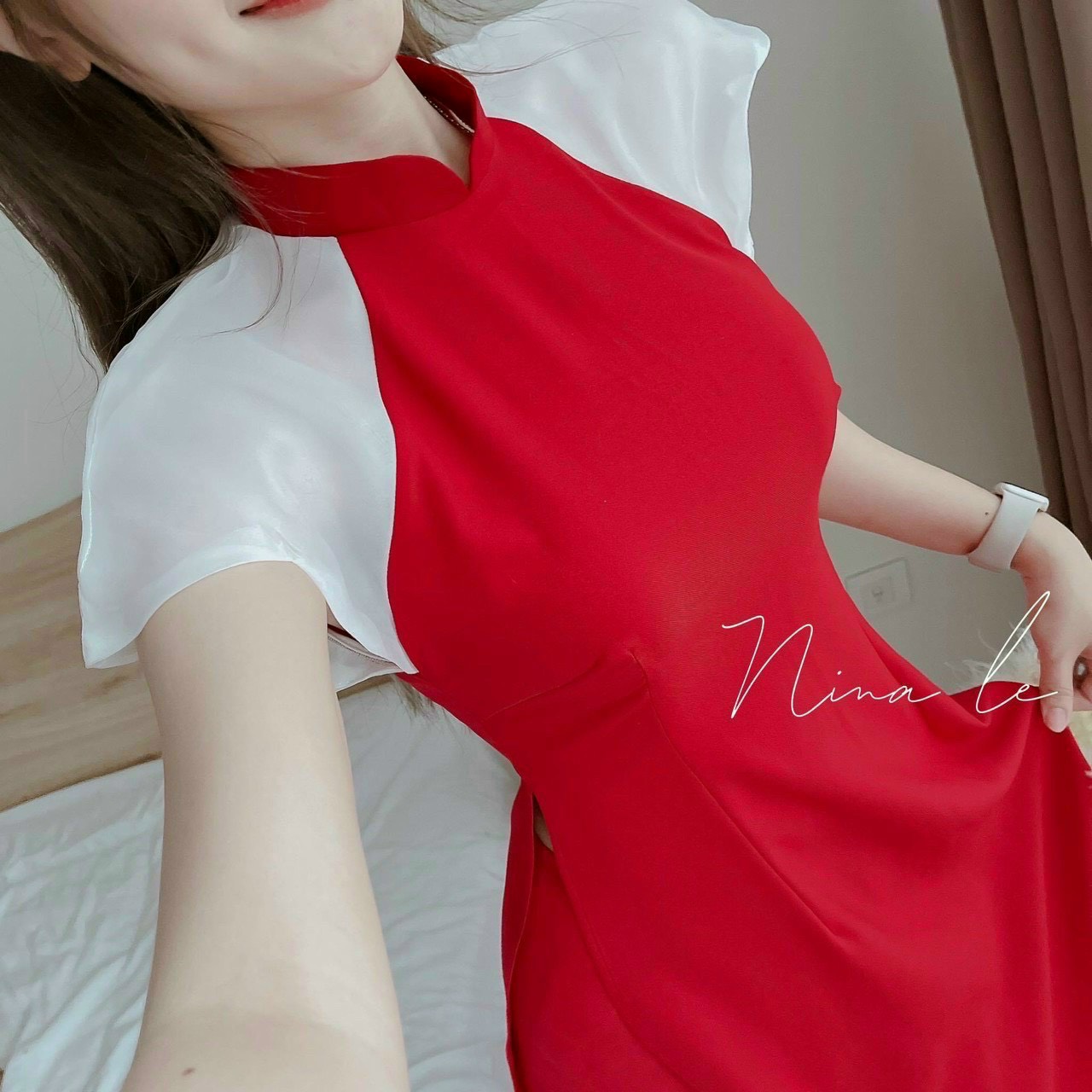 Set áo dài cách tân hiện đại xinh xắn, Set áo dài cổ trụ tay ngắn phối đi chúc tết, đi chơi sang xịn, Set mix quần dài suông ống rộng hack dáng, Áo dài đỏ cho nữ chất lụa cao cấp