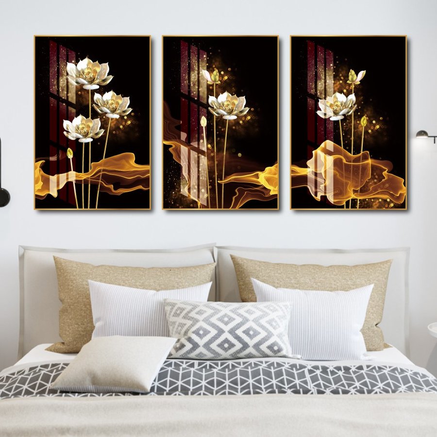 Lalashop - Tranh Hoa sen treo tường phòng khách có khung trang trí decor phòng khách phòng bộ 3 bức Tranh Canvas Tráng gương treo tường Hoa Sen nghệ thuật 3d hiện đại