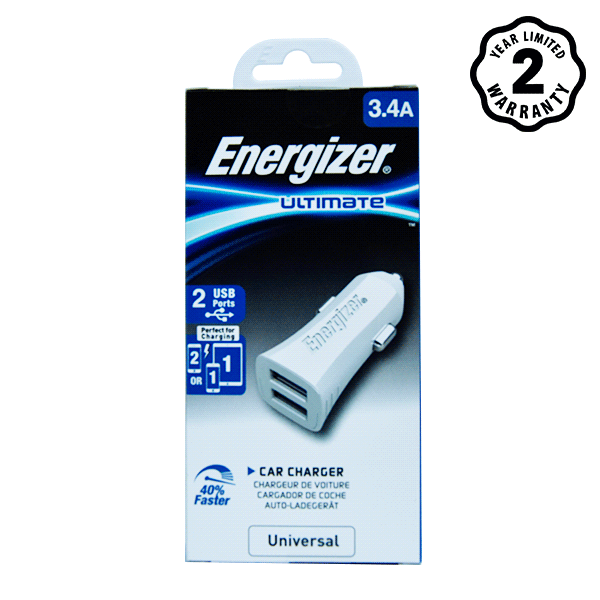 Sạc Ô Tô Energizer 3.4A 2 Cổng USB - Kèm 1 Cáp Lightning USB (White)