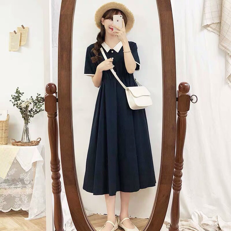 đầm dài suông phối nút cổ bẻ ngắn tay DUTIEC2