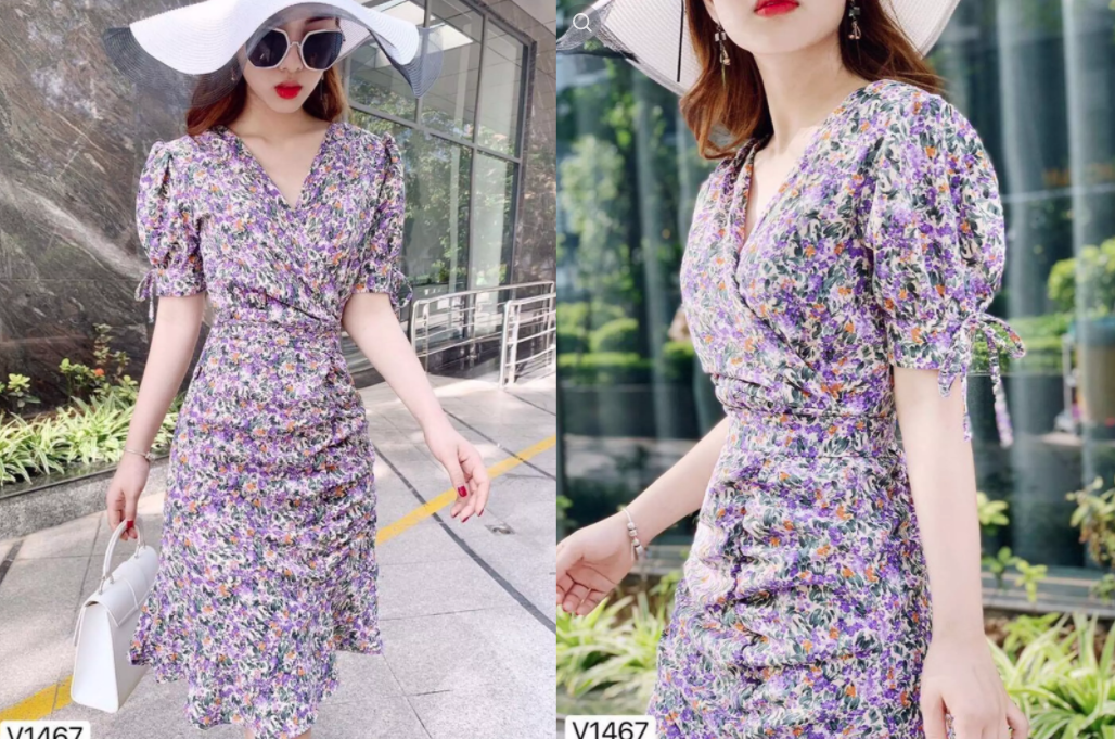Đầm hoa nhí cổ V chéo lai đuôi cá