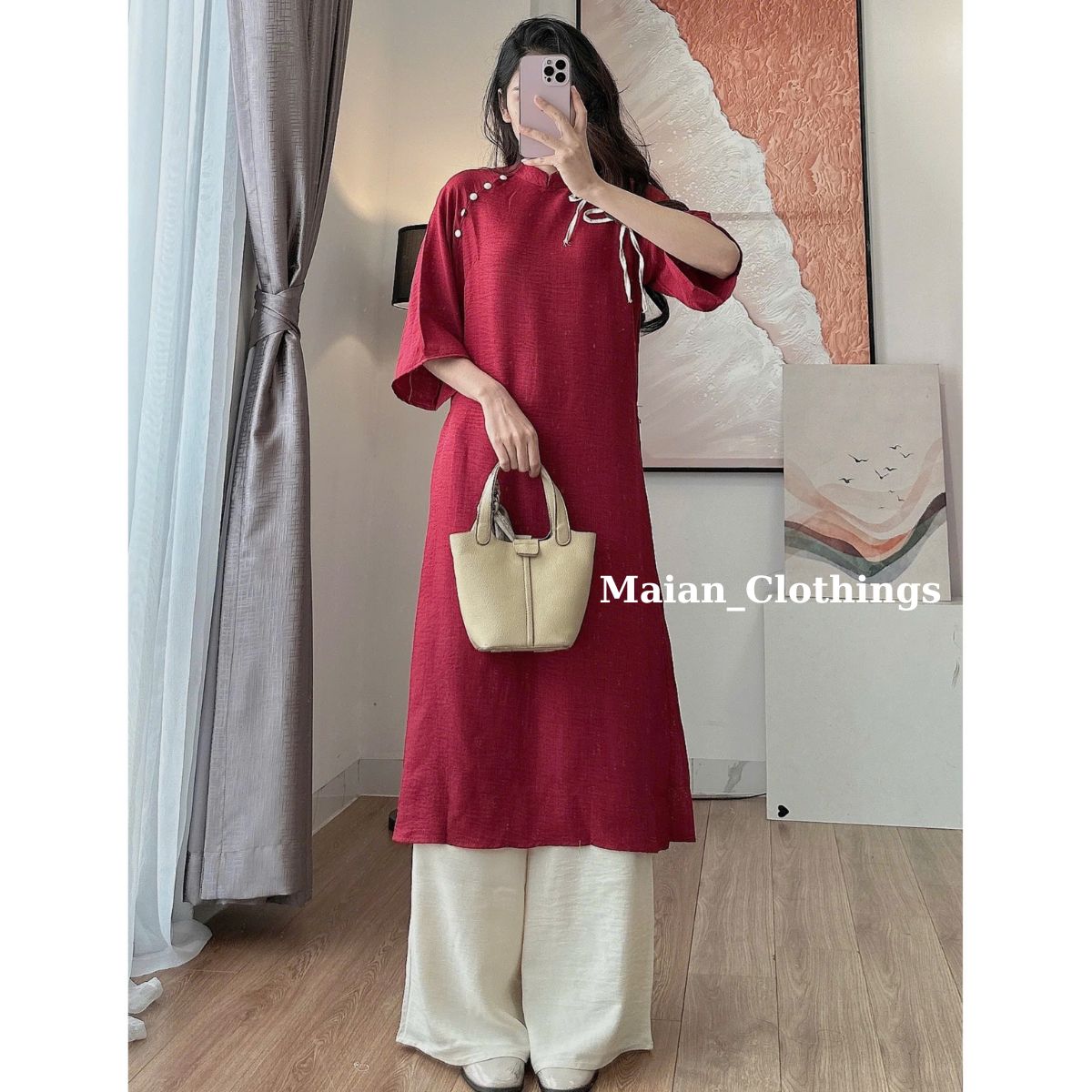 Set áo dài cách truyền thống tân xẻ tà cổ tim Maian áo tay lỡ phối cúc bọc đính nơ kèm quần đũi nhẹ nhàng mặc tết S5180
