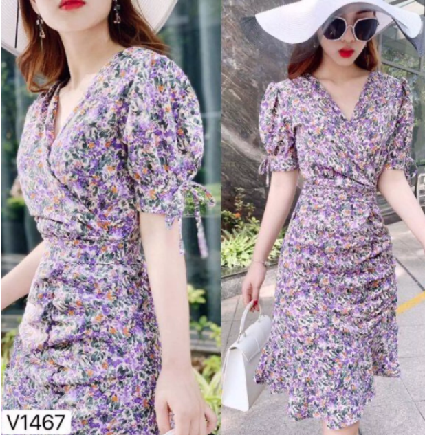 Đầm hoa nhí cổ V chéo lai đuôi cá