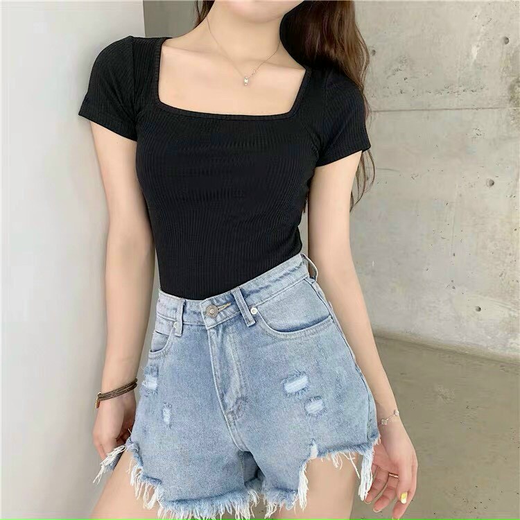 Áo thun gân nữ - áo thun tay lỡ - chất liệu thun gân mềm mại - thiết kế cổ vuông tay lỡ