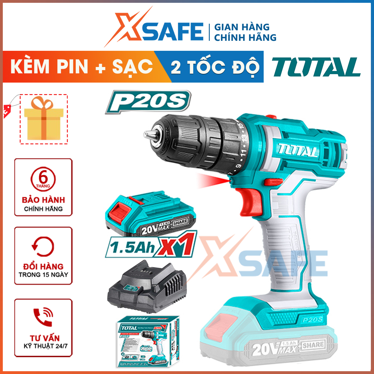 20V lithium-ion battery total drill 2 speed dial no-load: 0-1500/rpm 45nm torque with rechargeable battery tdli20051 hand drill