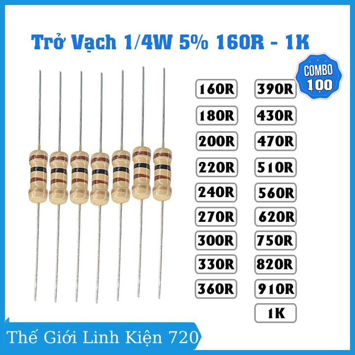 Gói 100 con trở vạch 1/4w 5% giá trị điện trở từ 160r - 1k