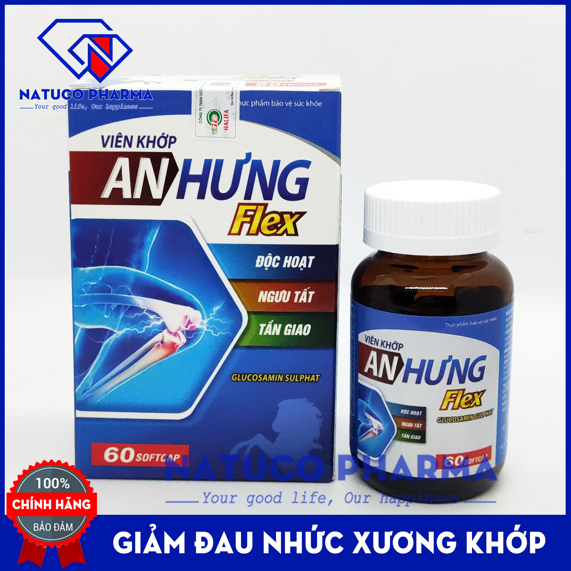 Viên uống xương khớp An Hưng Flex - giúp giảm đau khớp, thoái hóa khớp, viêm khớp - thành phần Glucosamin kết hợp thảo dược tác dụng lâu dài an toàn khi sử dụng- Hộp 60 viên chuẩn GMP