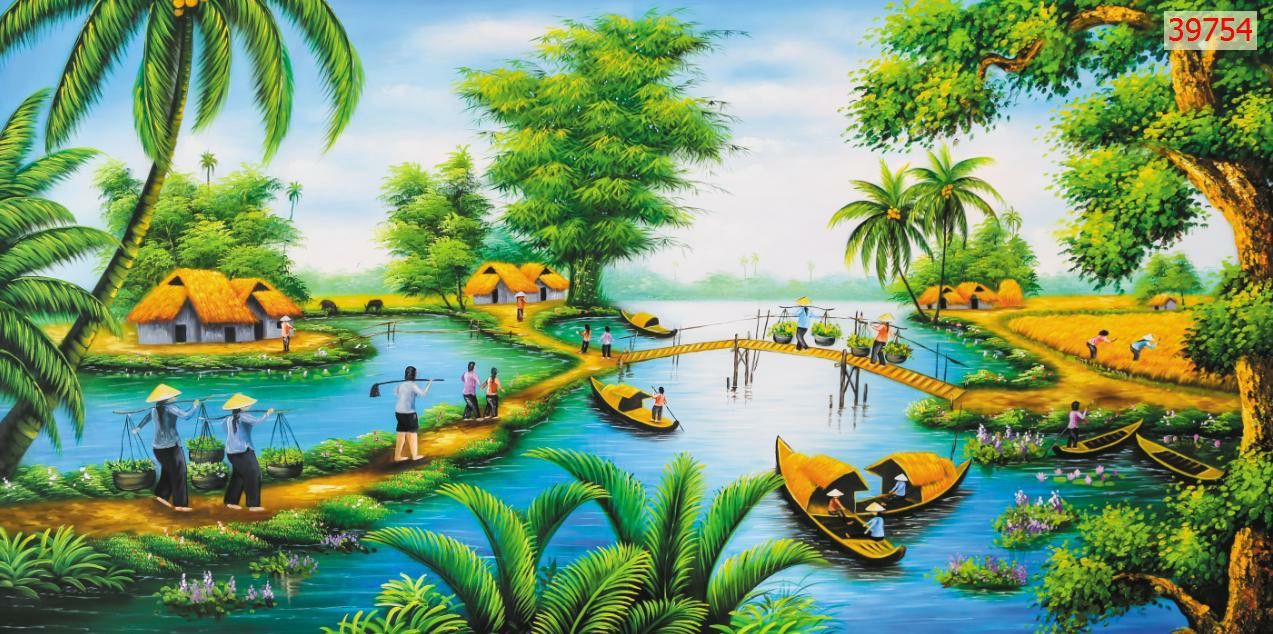 Tranh lụa đồng quê Việt Nam dán tường