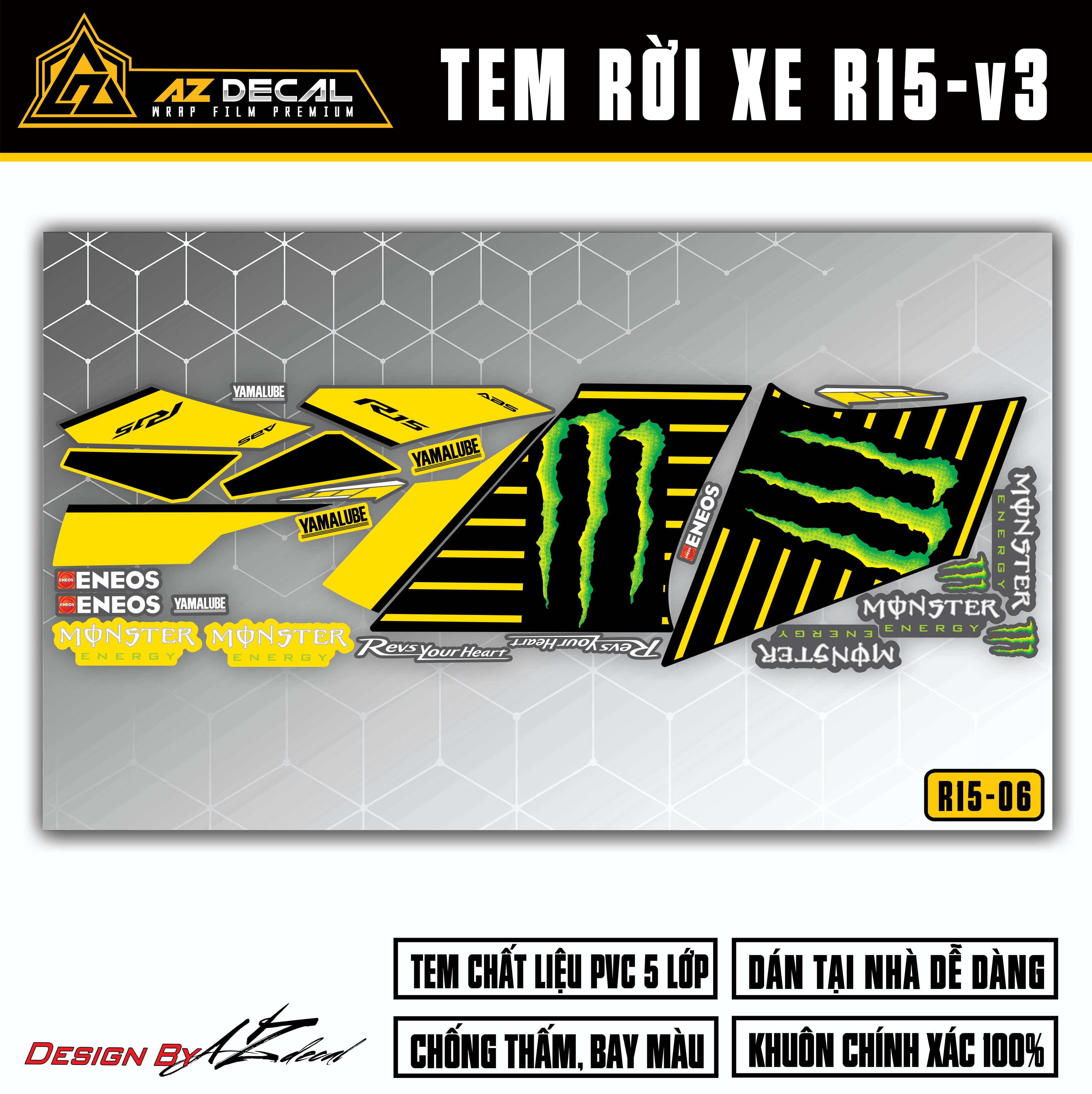 Tem xe r15v3 mẫu monster | r15v306 | decal rời dán xe r15 đẹp màu xe đen, đỏ, xanh, vàng, xám - azdecal